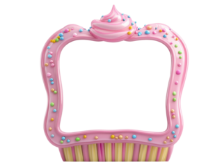 A whimsical pink cupcake frame designed for photos, featuring colorful sprinkles and a frosted top, perfect for parties or celebrations.