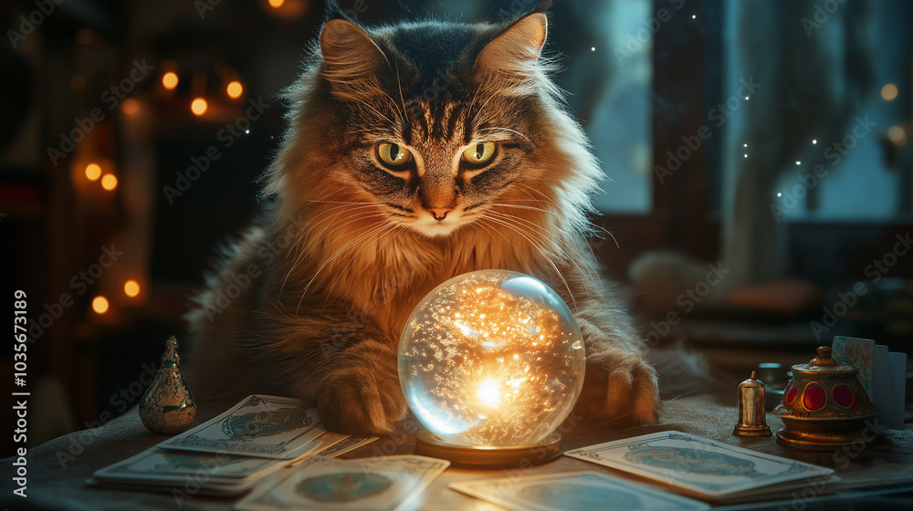 Wall mural a cat perched on a table with a glowing crystal ball, surrounded by tarot cards and mystical decorat