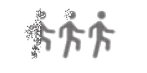 Fractured pixelated pedestrian people pictogram with halftone version. Vector destruction effect for pedestrian people pictogram.