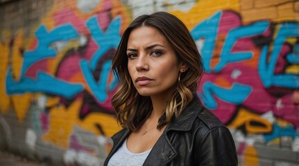 Fototapeta premium Urban Expression: A Portrait of Strength and Attitude Against a Vibrant Graffiti Background
