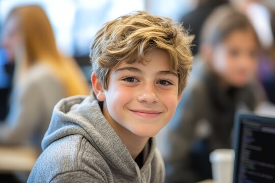 Young school boy smiling at the camera in a coding class, with his classmates in the background, Generative AI