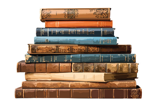 A pile of old leather bound books isolated on a white background