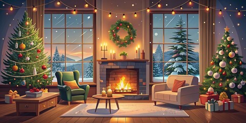 Obraz premium Cozy Christmas House Interior with Fireplace, Tree, and Gifts in a Snowy Setting for Holiday Decor Inspiration