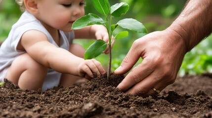 Baby and adult hands nurturing a young plant in rich soil, AI