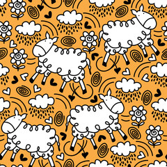 Cute seamless pattern with sheeps, cloud, flowers and hearts. Seamless pattern For wrapping paper, fabric, textile, wallpaper, card, print. Vector illustration.