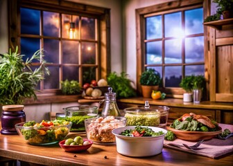 Fototapeta premium Cozy Home Dinner with Comfort Foods in Glass Containers on Wooden Kitchen Counter