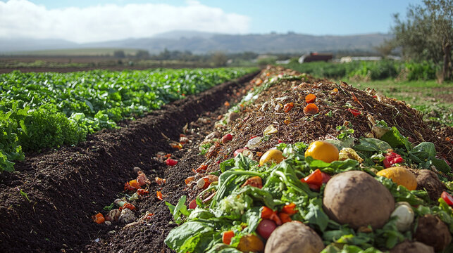 Piles of composting organic waste are spread across a field under a clear blue sky, highlighting sustainable agricultural practices and eco-friendly methods of turning waste into fertile soil