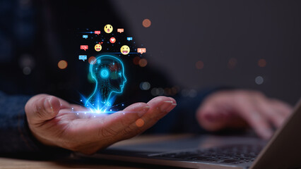 Futuristic digital representation of Ai emerging from hand, symbolizing AI emotional intelligence and digital communication through various social media icons, influencers