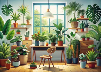 Fototapeta premium Cozy Urban Jungle: Flat Interior Plant Collection for Home and Office Decor