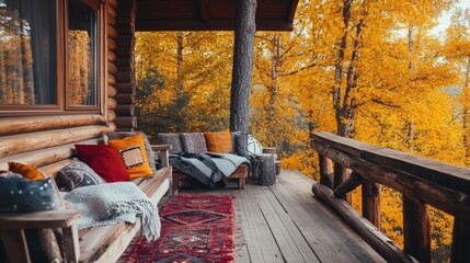 Obraz premium A cozy wooden terrace with rustic furniture, colorful pillows, and blankets, set against a backdrop of golden autumn trees
