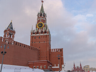 The Spasskaya Tower of the Moscow Kremlin, overlooking the Red Square. The gate to the Moscow Kremlin. The defensive wall surrounding the Kremlin. The chimes on the Spasskaya Tower.