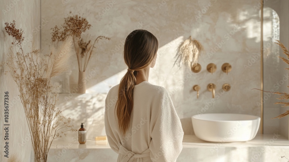 Poster the setting showcases a woman standing thoughtfully in a minimalist bathroom adorned with dried flow