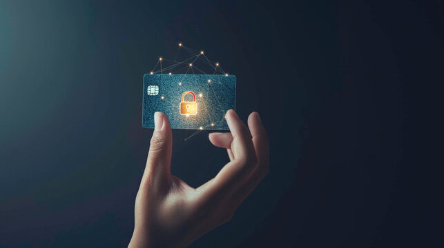 Hand holding a credit card with a digital padlock hovering above it, representing secure online payments. 