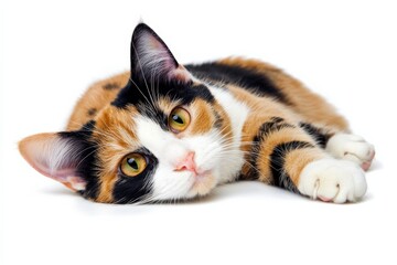 Calico Cat: Beautiful Domestic Cat Laying Down in High Key Indoor Setting