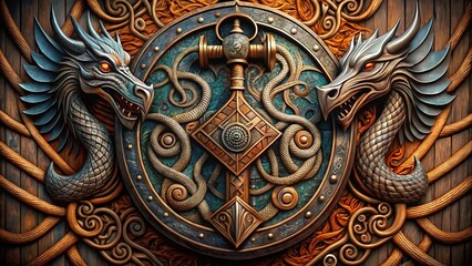 Wunjo Rune Shield with Norse Pagan Seal, Dragon Motifs, and Mjolnir Hammer - Candid Photography