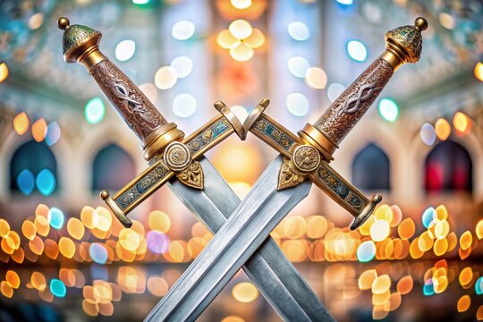 Crossed Zulfiqar Sword Icon Set with Bokeh Effect for Islamic Art Enthusiasts