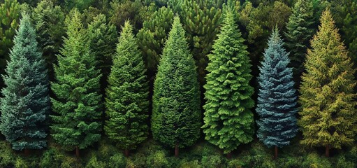 Fototapeta premium Illustration of colored Christmas green trees and a spruce. Illustration in watercolor.