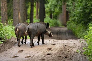 Fototapeta premium Two wild boars walking on a dirt path in a forested area