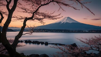 Stunning Japanese Landscape Featuring Mount Fuji and a Field of Cherry Blossoms