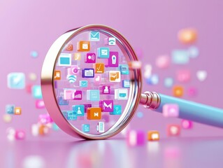 A 3D magnifying glass focusing on a cluster of floating icons, symbolizing the search engine s ability to target specific information