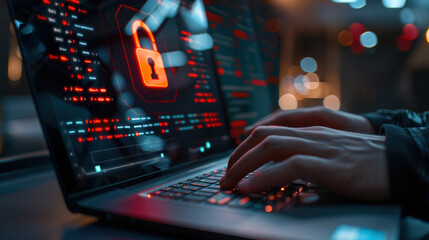 Advanced Security Encryption, data security and data access. Typing a password on a laptop with a lock icon on the screen. Cybersecurity, secure Internet Connection