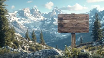 Fototapeta premium High-res image of an alpine scene with a blank wooden placard pointing directions.