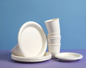 White disposable plates and cups on a purple surface against a blue background