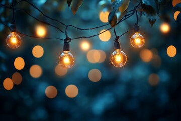An indoor beach restaurant decor with yellow string lights and blurred bokeh light at sunset