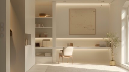 Minimalist study nook, soft lighting