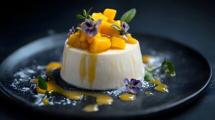 Mango Panna Cotta with Violet Garnish