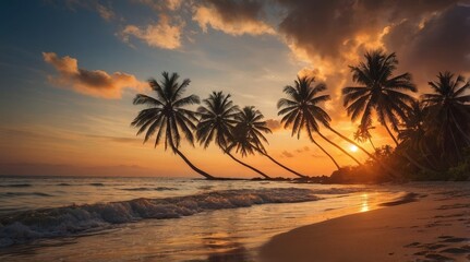 Fototapeta premium Serene Sunset Over Tropical Beach: A Captivating View of Silhouetted Palm Trees Against a Colorful Sky Reflecting on Tranquil Ocean Waves