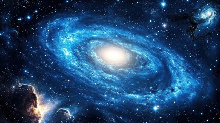 A glowing blue spiral galaxy in deep space, surrounded by a halo of bright stars and cosmic light trails