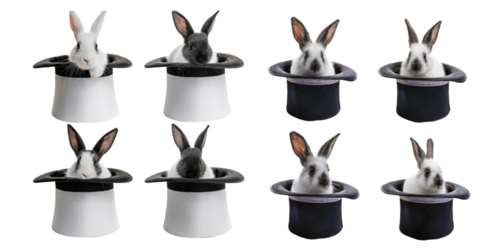 Magical Rabbits in Hats for Fun and Whimsy, PNG set collection, isolated on transparent background