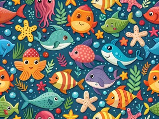Cute Fishes Seamless Pattern in Flat Style for Ocean Fauna Illustrations