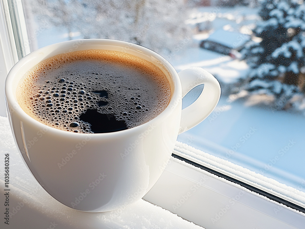 Wall mural food style macro close-up photo of black coffee in a white cup on a snowy window ledge, with frost p