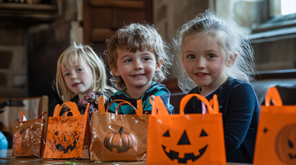 Fototapeta premium A DIY Halloween craft session for families to make their own Trick-or-Treat bags and decorations.