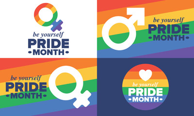 LGBT Pride Month in June. Lesbian Gay Bisexual Transgender. Celebrated annual. LGBT flag. Rainbow love concept. Human rights and tolerance. Poster, card, banner and background. Vector illustration