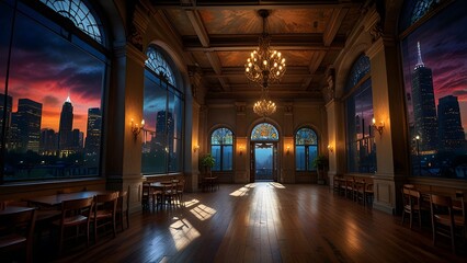 Luxurious Ballroom Featuring Ornate Windows, Chandeliers, and Sunlit Glow