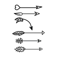 Arrow silhouette , black lines with arrowheads isolated on white paper background - abstract hand drawn doodle illustration with uneven irregular messy dirty arrows