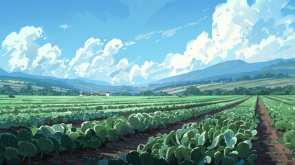 Fototapeta premium A green field with rows of farm crops against a backdrop of mountains over a blue sky with white clouds.