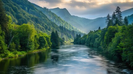 Fototapeta premium Serene River Winding Through Lush Green Mountains