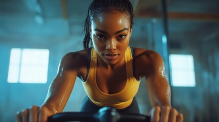Sweaty black female exercising on indoor cycling bike, Generative AI