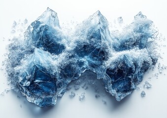 Obraz premium Ice crash explosion parts on white background. Collision, suspension crystals damage to ice cubes.