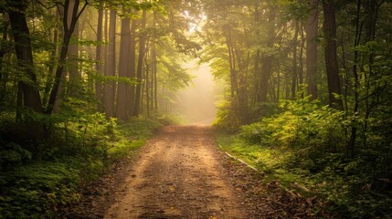 Sunlit Forest Path with Morning Mist