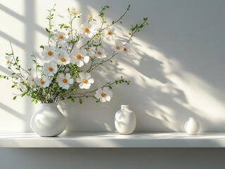 minimalistic white shelf against a soft grey wall, inviting and spacious, perfect for showcasing products or decorative items, emphasizing simplicity and elegance