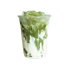 Ice matcha green tea on plastic glass isolated white background.