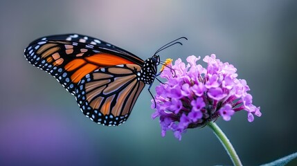 Obraz premium A monarch butterfly with orange and black wings feeds on nectar from a purple flower.