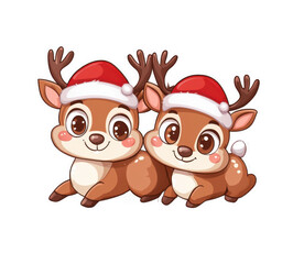 Fototapeta premium Stickers featuring a pair of Christmas reindeer wearing Santa hats, cute cartoon design. Transparent backgroundt, PNG