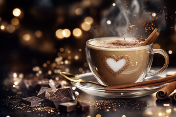 Food style macro close-up photo of hot steaming coffee with caramel and cinnamon in a transparent glass cup with a heart pattern, golden spoon, and chocolate pieces on a dark kitchen background