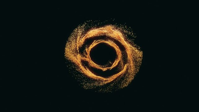The golden sand particles form the shape of a spiral, with light and shadow effects on isolated background. Loop-ready.
